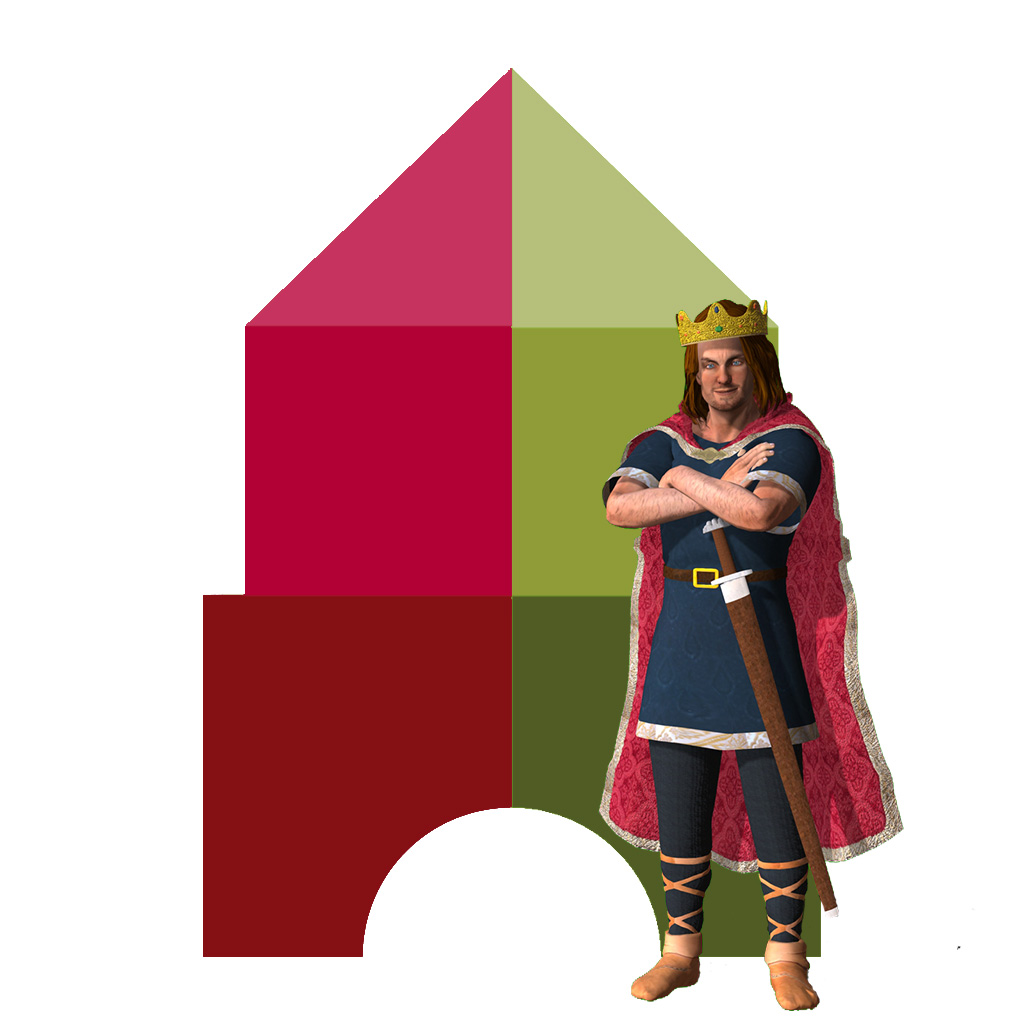 könig Heinrich I. als virtuelle Figur vor einem Burgturm