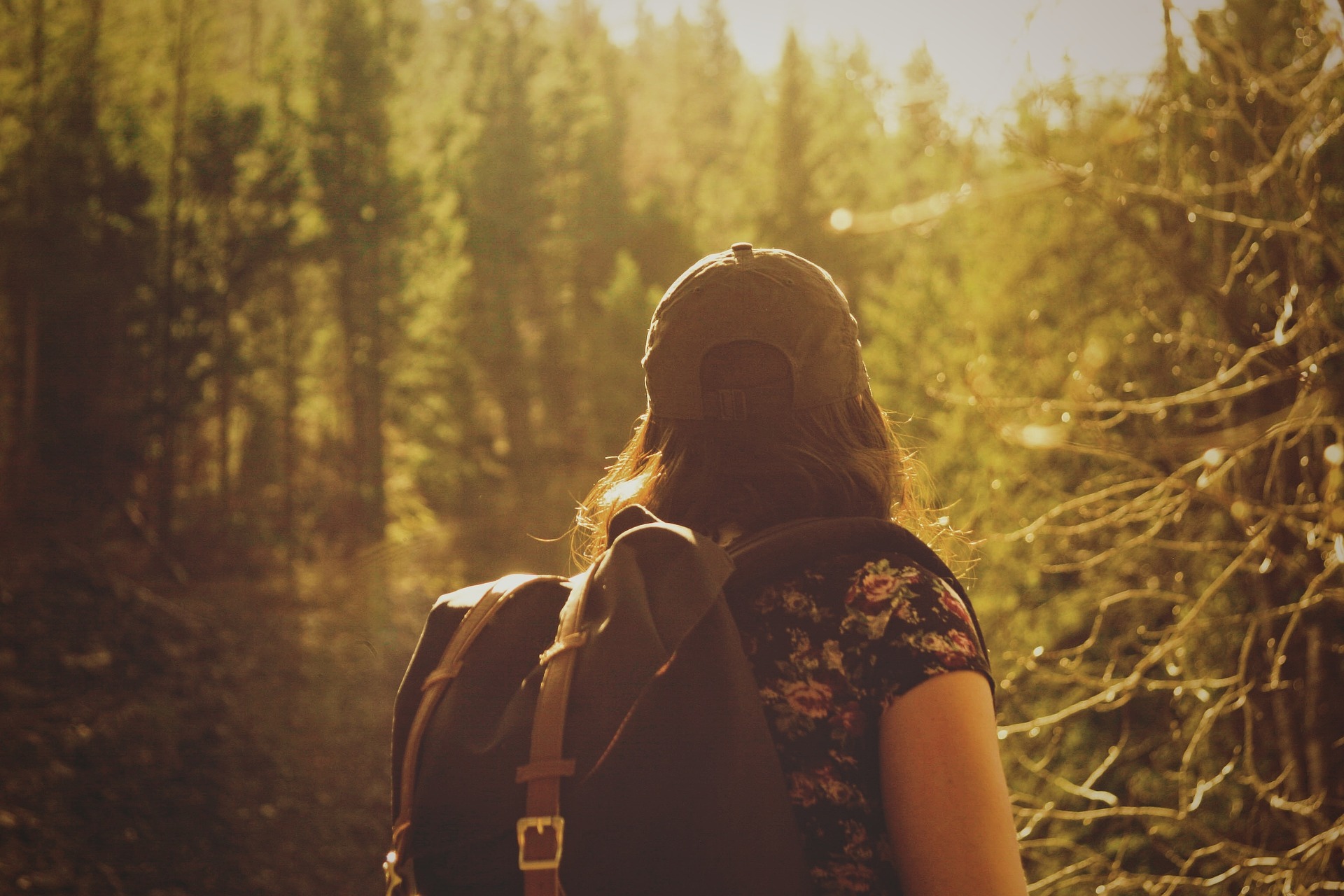 Wanderin mit Rucksack im Wald