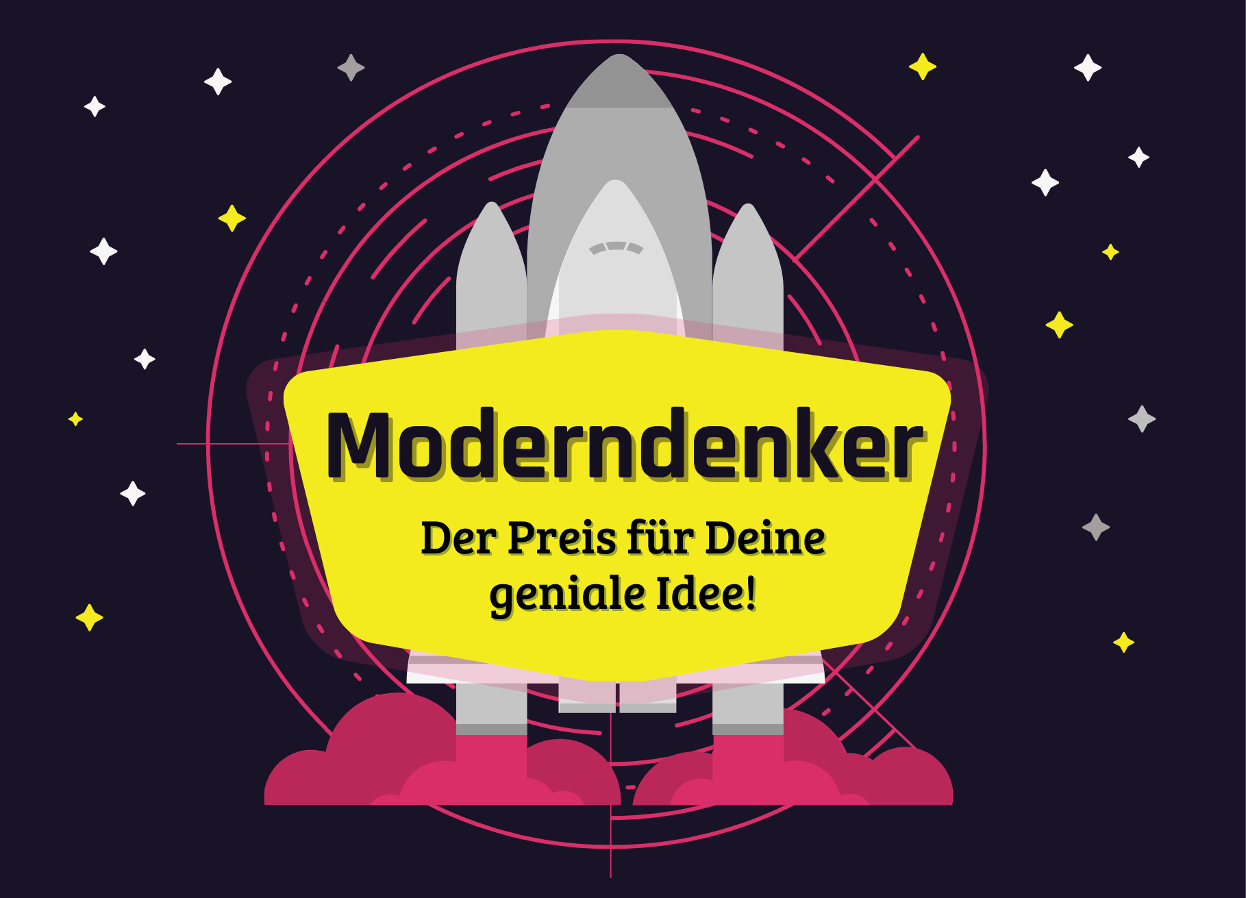 Moderndenker-Wettbewerb 2023 ©Tourismusverband Sachsen-Anhalt e. V. | Anne Heimburg graue Rakete auf schwarzem Untergrund mit gelbem Schild "Moderndenker. Der Preis für Deine geniale Idee!"