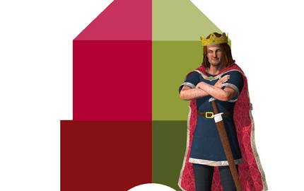 könig Heinrich I. als virtuelle Figur vor einem Burgturm