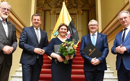 Rainer Robra (von links), Sven Schulze, Stefanie Pötzsch, Dr. Jürgen Ude, Dr. Reiner Haseloff