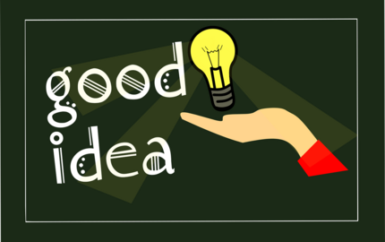 Zeichnung Tafel mit Aufschrift "good Idea" und Hand mit Glühbirne