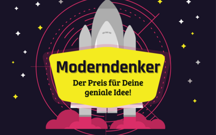 graue Rakete auf schwarzem Untergrund mit gelbem Schild "Moderndenker. Der Preis für Deine geniale Idee!"
