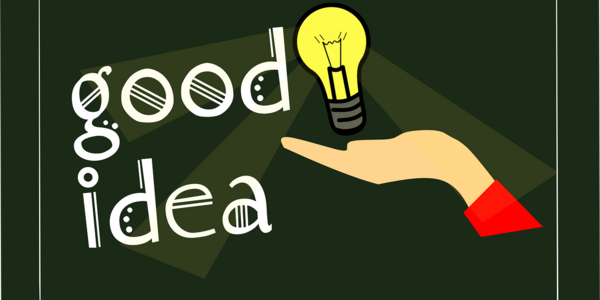 Zeichnung Tafel mit Aufschrift &#34;good Idea&#34; und Hand mit Glühbirne