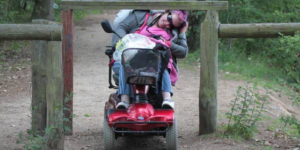 Frau im Rollstuhl in der Natur an Holzbarriere