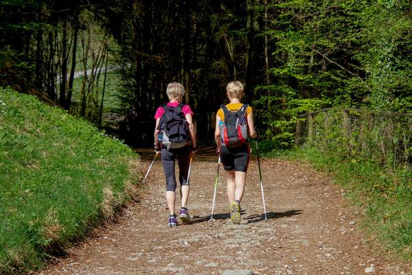 Zwei Frauen auf Wanderweg im Wald