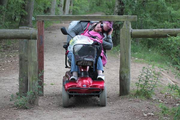 Frau im Rollstuhl in der Natur an Holzbarriere